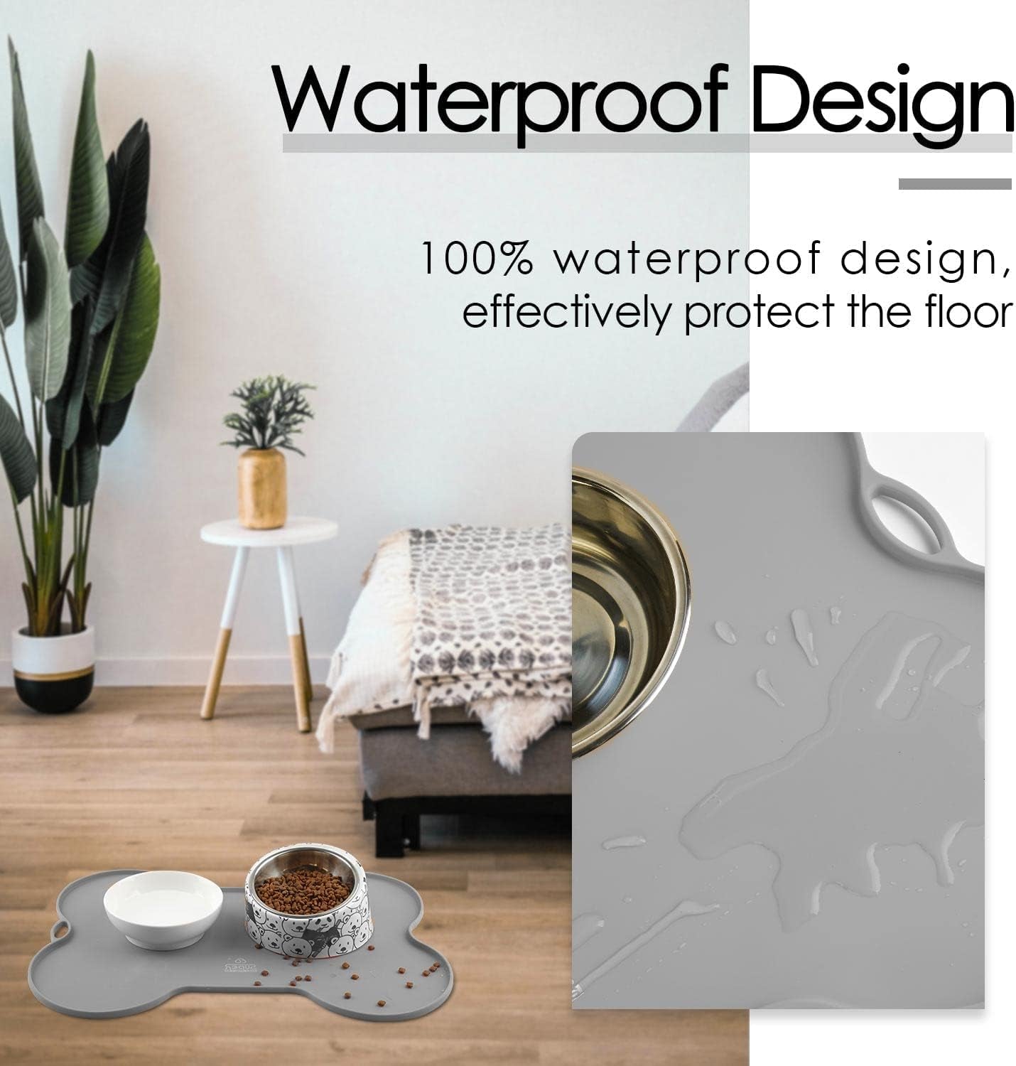 Dog Food Mat Dog Bowl Tray for Food and Water, Silicone Non-Spill Waterproof Pet Feeding Mat Puppy Placemat Easy-Clean, 20.5" X 14.5", Grey