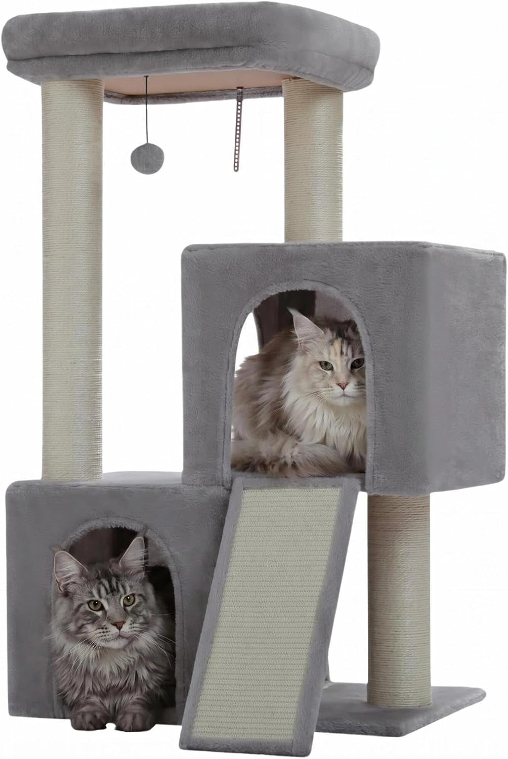 Cat Tree, 30 Inches Cat Tower with Dual Condos for Indoor Cats, Plush Cat House with Padded Perch, Scratching Ramp and Posts and Replaceable Balls-Gray