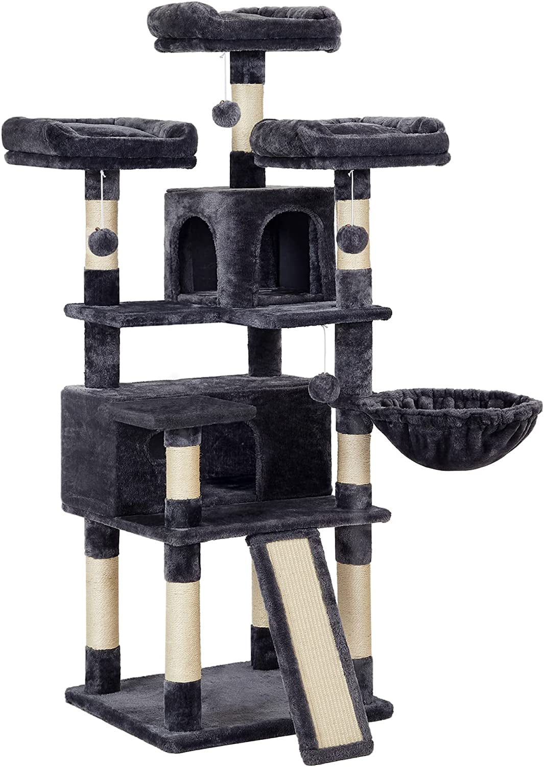 Cat Tree, Large Cat Tower, Cat Condo with Scratching Posts, Board, 2 Caves, 3 Plush Perches, Activity Center, 66.5 Inches, Light Gray UPCT019W01