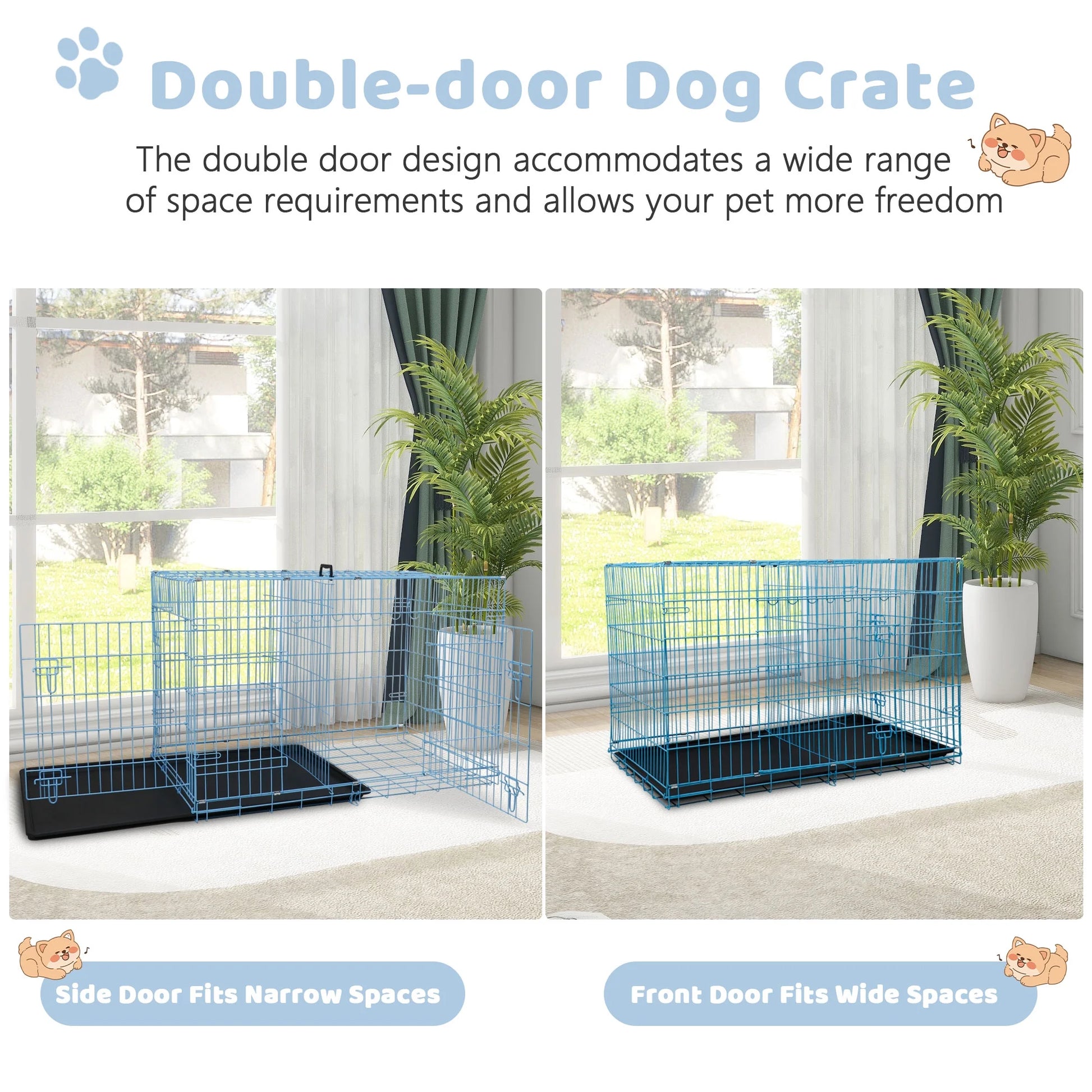 YRLLENSDAN 36 Inch Foldable Large Dog Crate for Large Dogs, Metal Wire Dog Cage with Plastic Tray and Handle Double-Door Outdoor Dog Crates and Kennels for Medium Dogs, Blue