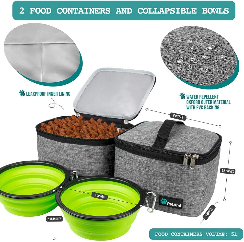 Dog Travel Bag Organizer, Pet Travel Kit with 2 Food Containers & 2 Collapsible Dog Bowls, Pet Supplies Tote with Luggage Sleeve, Weekend Road Trip Camping Essentials, Gray, Large