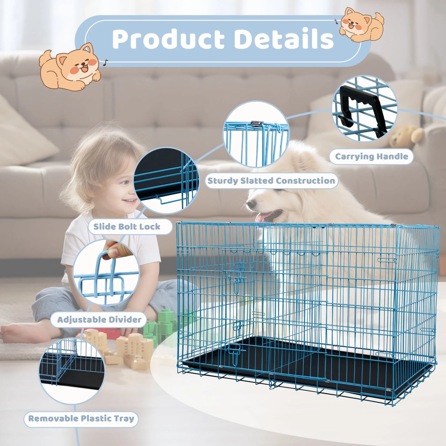 YRLLENSDAN 36 Inch Foldable Large Dog Crate for Large Dogs, Metal Wire Dog Cage with Plastic Tray and Handle Double-Door Outdoor Dog Crates and Kennels for Medium Dogs, Blue