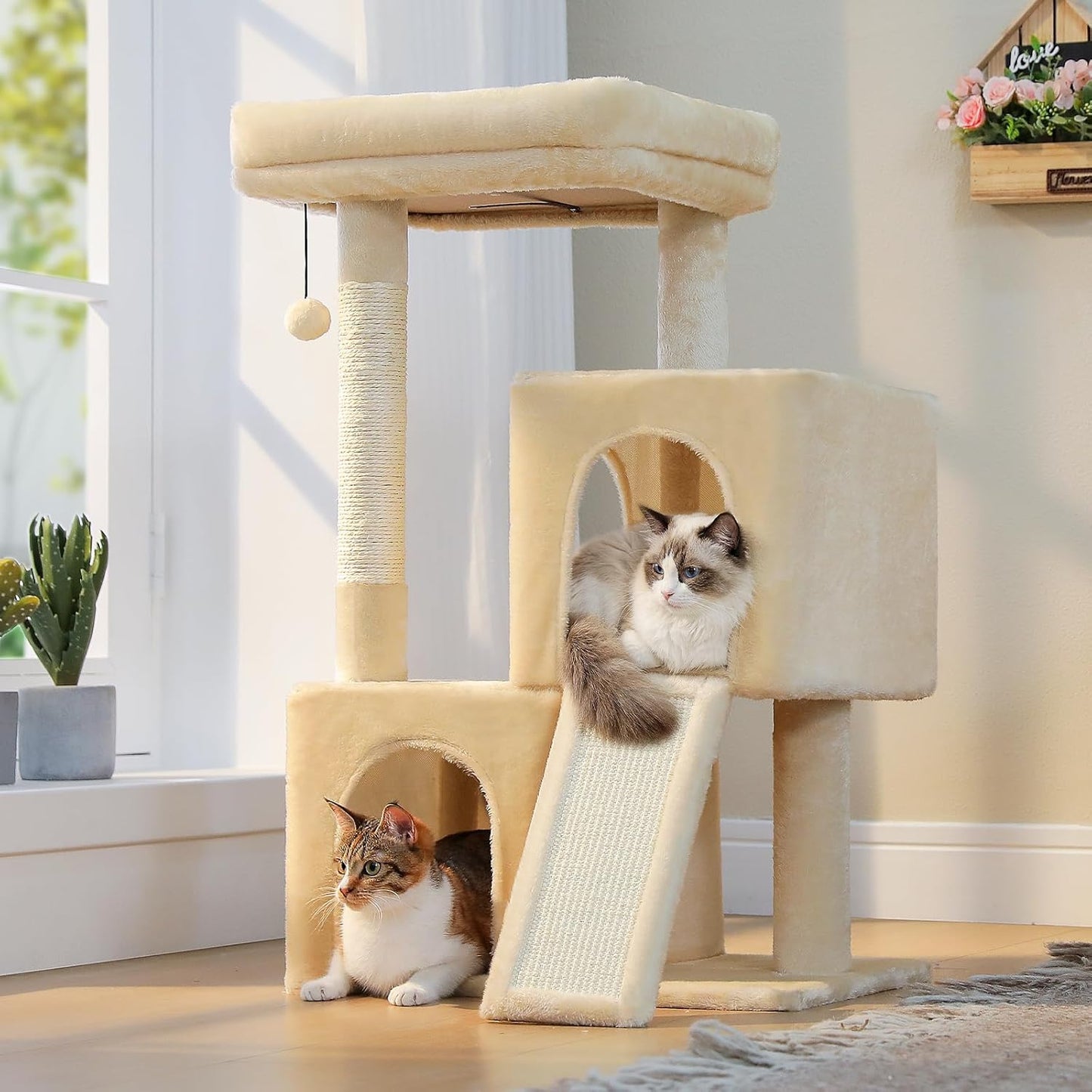 Cat Tree, 30 Inches Cat Tower with Dual Condos for Indoor Cats, Plush Cat House with Padded Perch, Scratching Ramp and Posts and Replaceable Balls-Gray