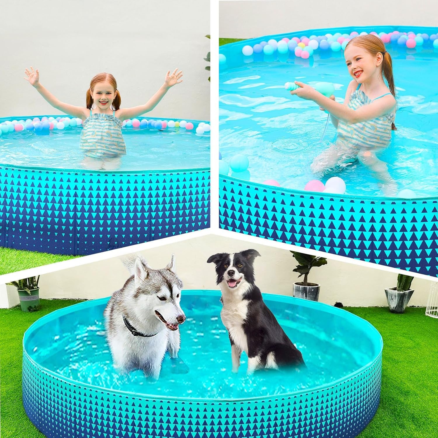 Foldable Dog Kiddie Pool - Hard Plastic Kids Paddling Pool Toddler Baby Swimming Pools for Backyard Collapsible Whelping Box Pet Doggie Cats Wading Pools Bathtub for Puppy Large Dogs 63In