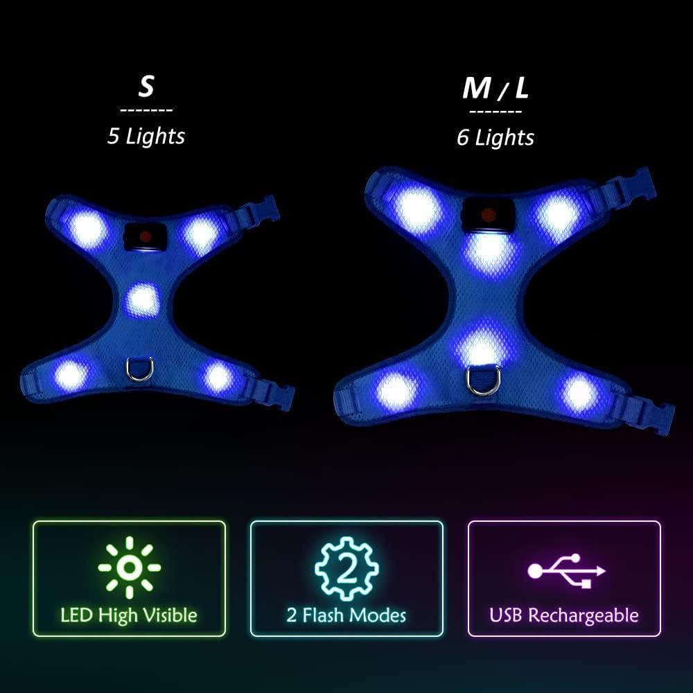 LED Dog Harness, Lighted up USB Rechargeable Pet Harness, Illuminated Reflective Glowing Dog Vest Adjustable Soft Padded No-Pull Suit for Small, Medium, Large Dogs (Blue, L)