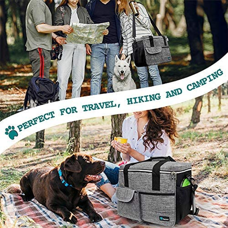 Dog Travel Bag Organizer, Pet Travel Kit with 2 Food Containers & 2 Collapsible Dog Bowls, Pet Supplies Tote with Luggage Sleeve, Weekend Road Trip Camping Essentials, Gray, Large