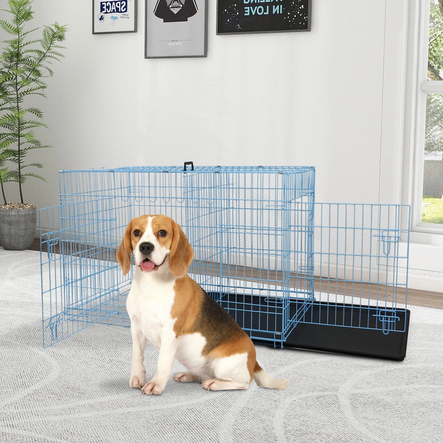 YRLLENSDAN 36 Inch Foldable Large Dog Crate for Large Dogs, Metal Wire Dog Cage with Plastic Tray and Handle Double-Door Outdoor Dog Crates and Kennels for Medium Dogs, Blue