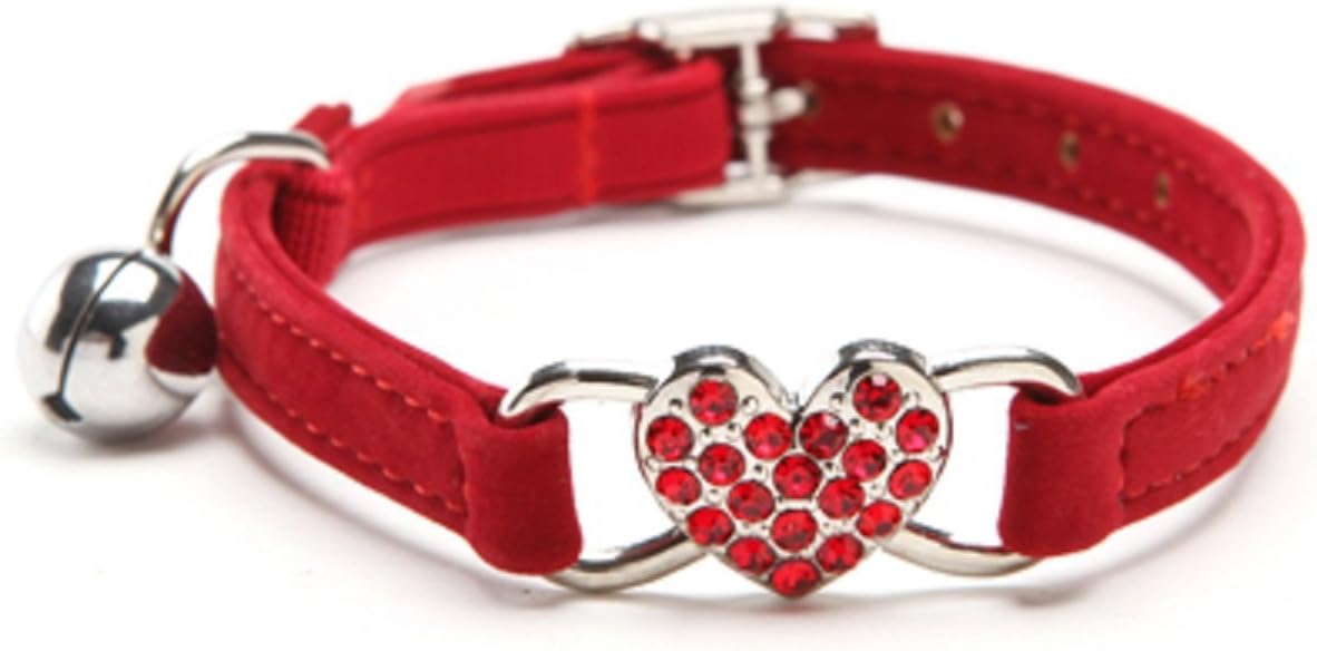 Pink Soft Velvet Safe Cat Adjustable Collar with Crystal Heart Charm and Bells 8-11 Inches(Black+Red+Pink+Blue)