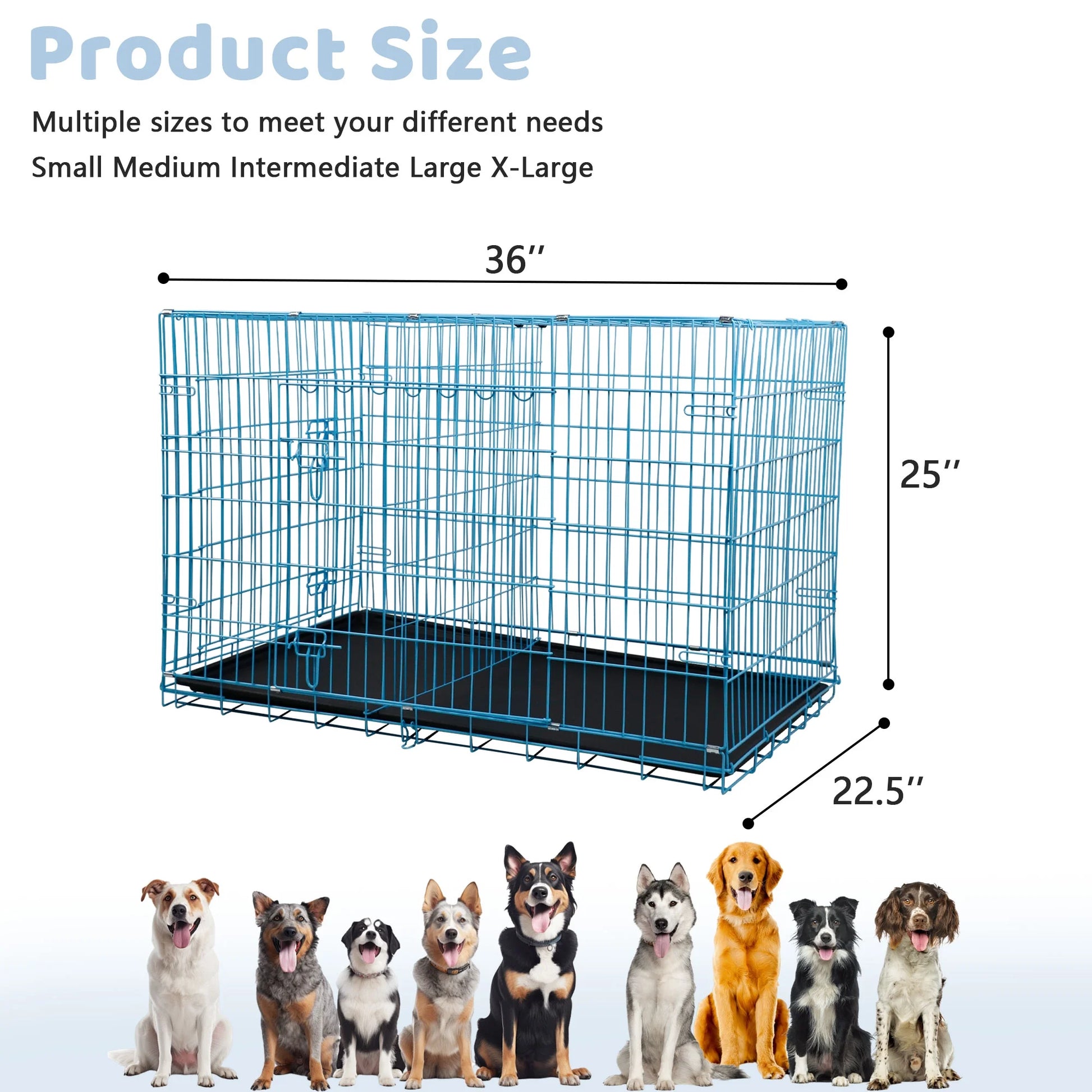 YRLLENSDAN 36 Inch Foldable Large Dog Crate for Large Dogs, Metal Wire Dog Cage with Plastic Tray and Handle Double-Door Outdoor Dog Crates and Kennels for Medium Dogs, Blue