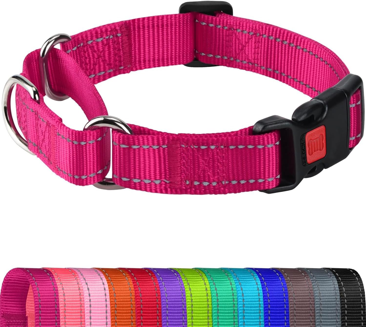 Martingale Collar for Dogs, Reflective Escape Proof Training Dog Collars with Safety Lock Buckle, No Slip Soft Nylon for Medium Pets, Hotpink, M