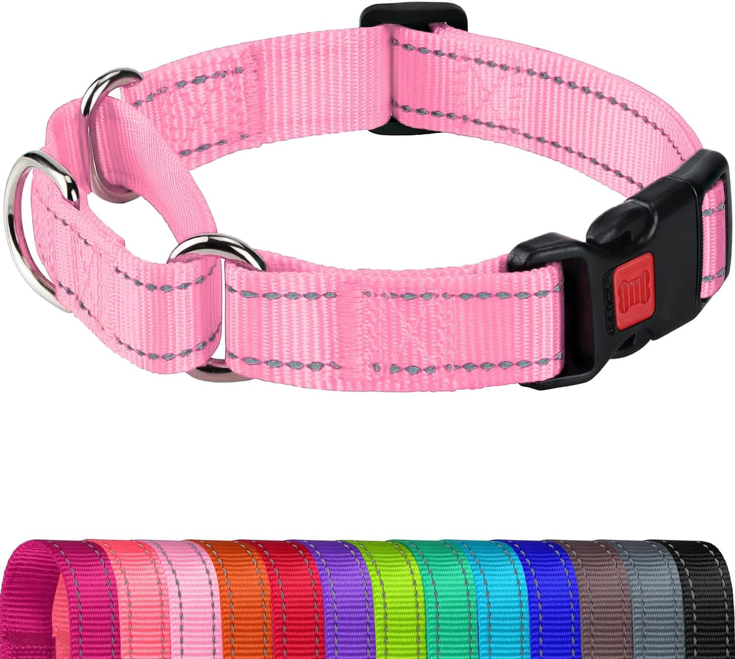 Martingale Collar for Dogs, Reflective Escape Proof Training Dog Collars with Safety Lock Buckle, No Slip Soft Nylon for Medium Pets, Hotpink, M