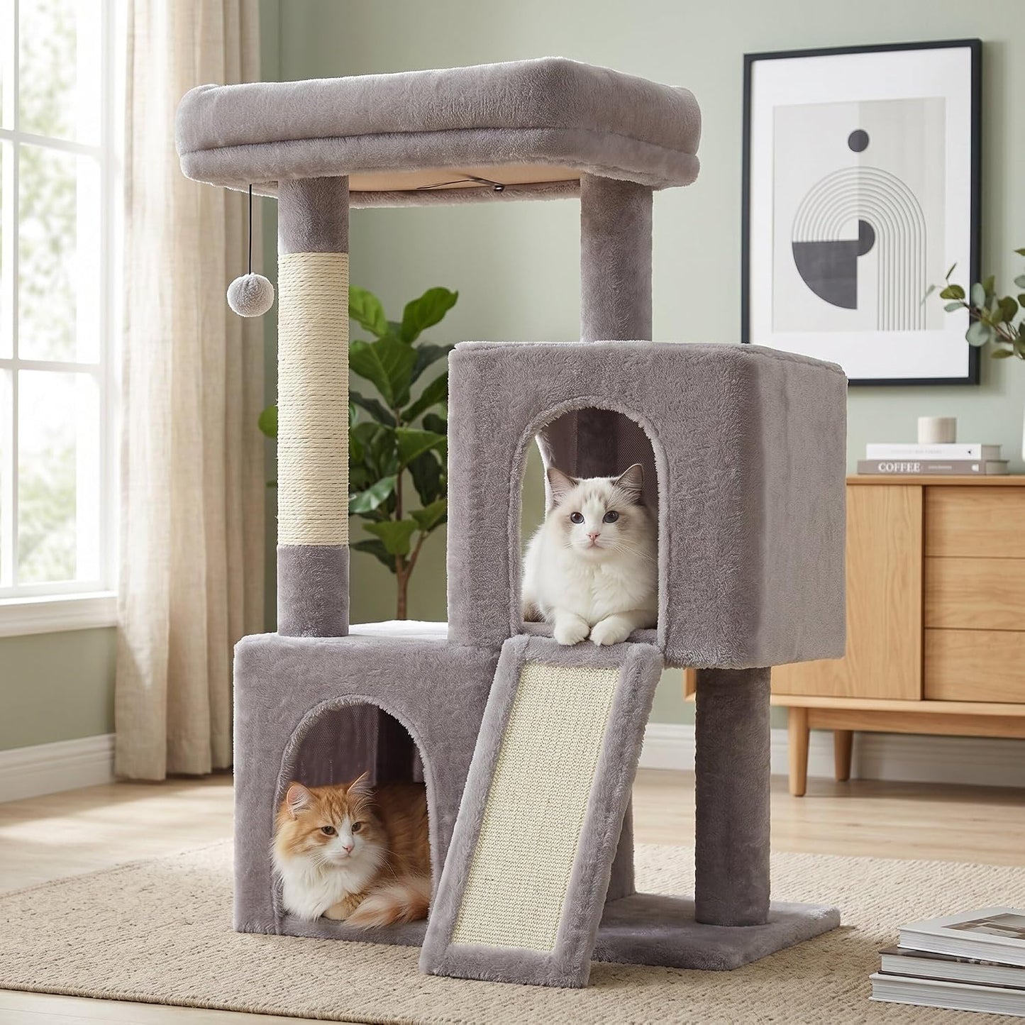 Cat Tree, 30 Inches Cat Tower with Dual Condos for Indoor Cats, Plush Cat House with Padded Perch, Scratching Ramp and Posts and Replaceable Balls-Gray