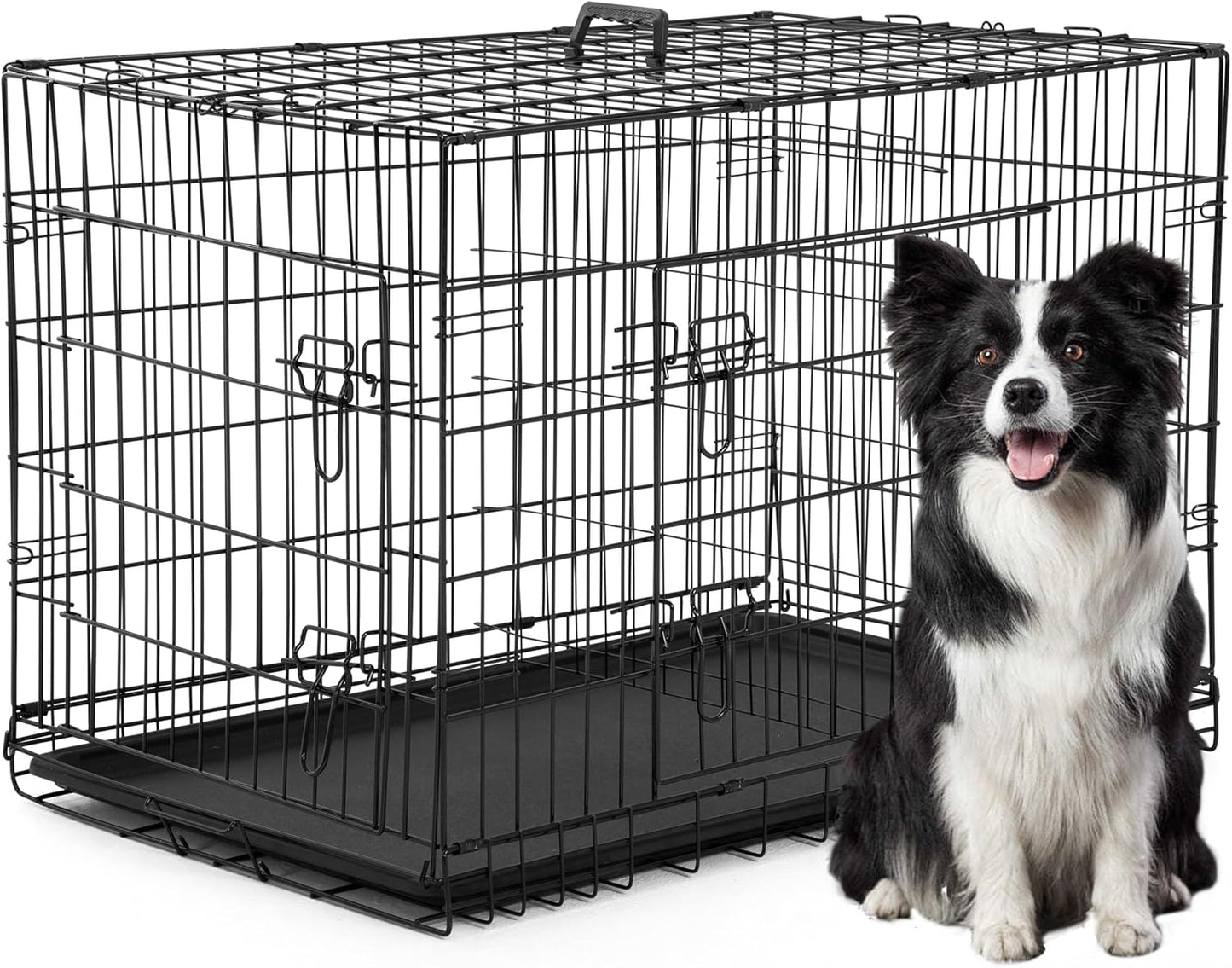 XL Dog Crate Dog Kennel Cage with Double Door,42 Inch Folding Metal Wire Dog Cage with Removable Tray&Divider Panel,Pet Crate for Medium Large Dogs,Black