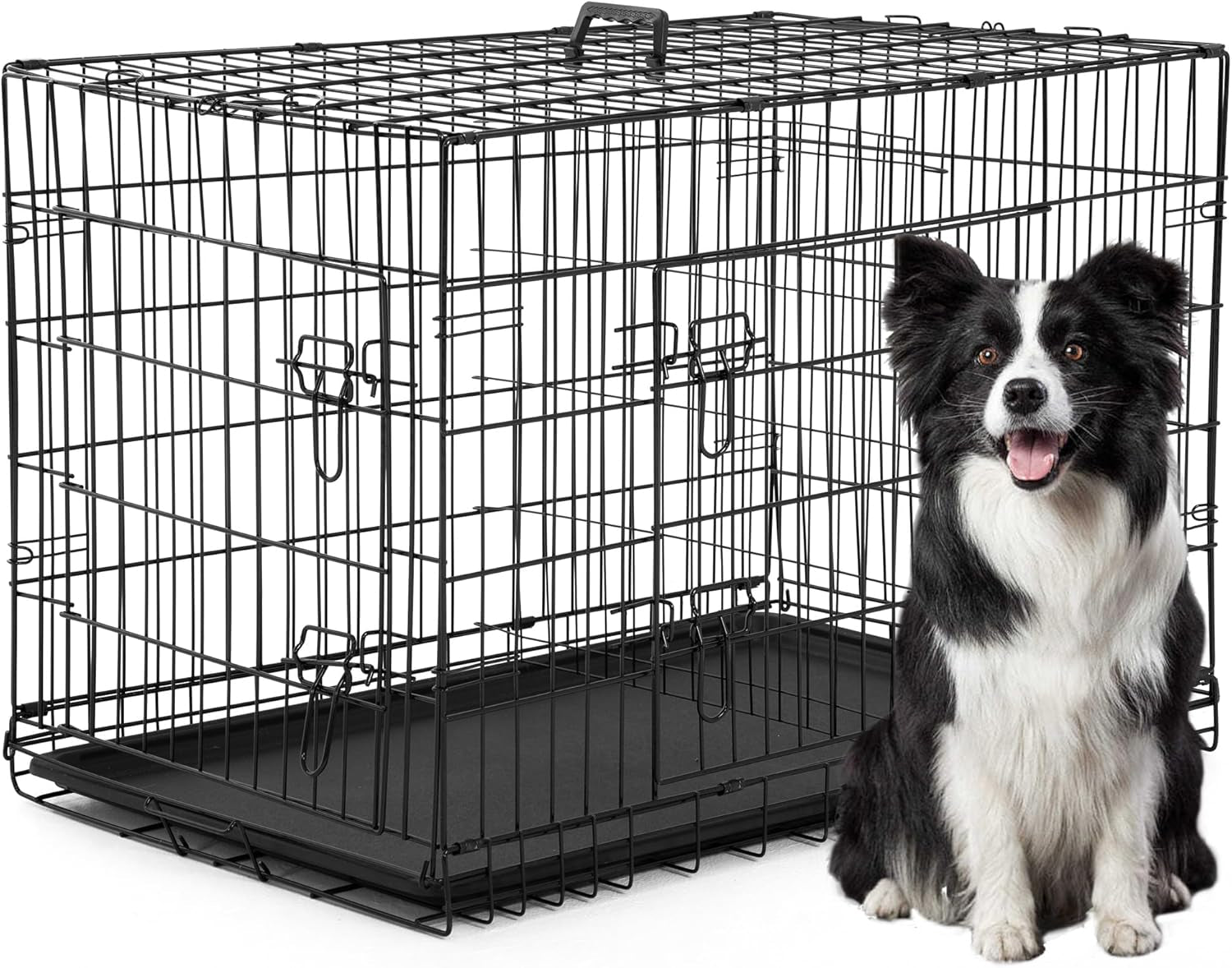 XL Dog Crate Dog Kennel Cage with Double Door,42 Inch Folding Metal Wire Dog Cage with Removable Tray&Divider Panel,Pet Crate for Medium Large Dogs,Black
