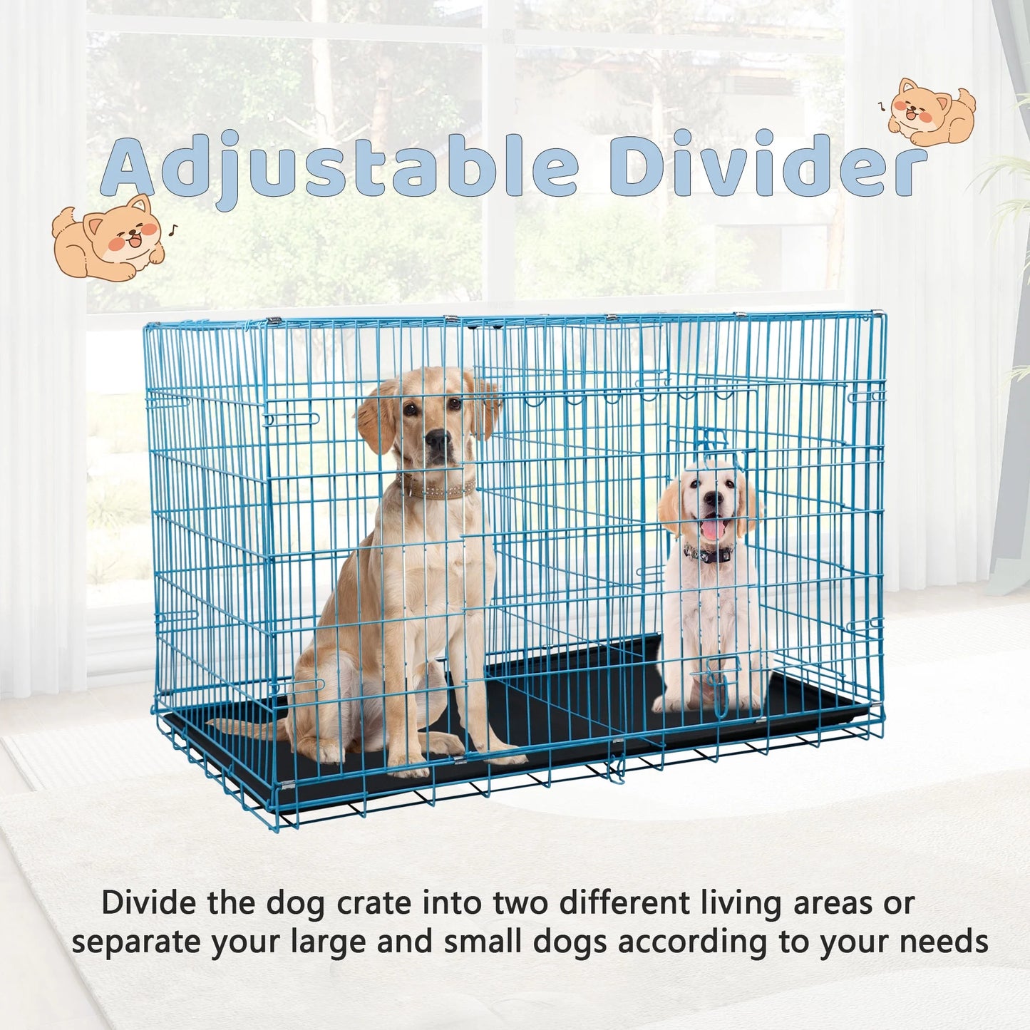 YRLLENSDAN 36 Inch Foldable Large Dog Crate for Large Dogs, Metal Wire Dog Cage with Plastic Tray and Handle Double-Door Outdoor Dog Crates and Kennels for Medium Dogs, Blue