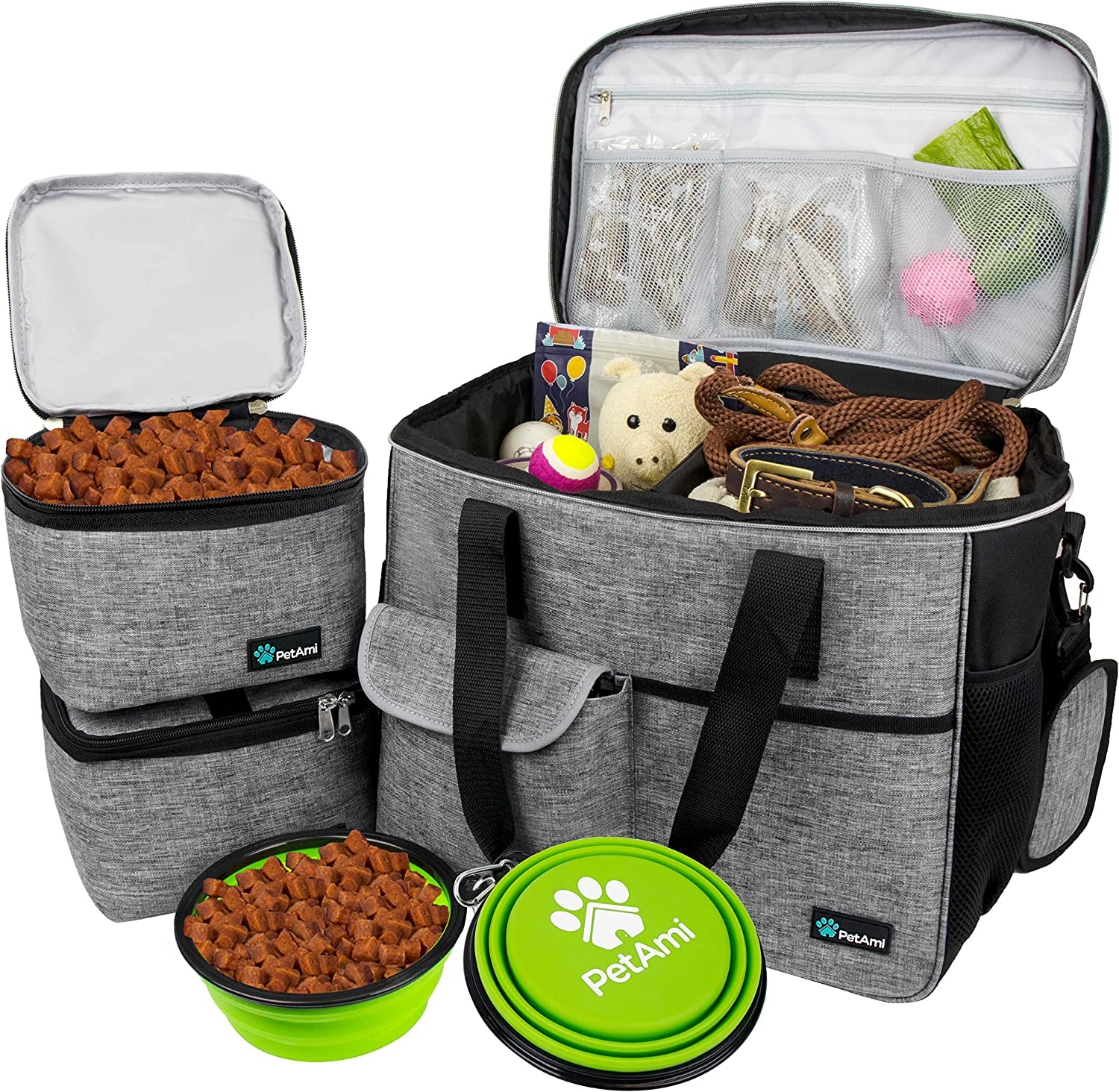 Dog Travel Bag Organizer, Pet Travel Kit with 2 Food Containers & 2 Collapsible Dog Bowls, Pet Supplies Tote with Luggage Sleeve, Weekend Road Trip Camping Essentials, Gray, Large