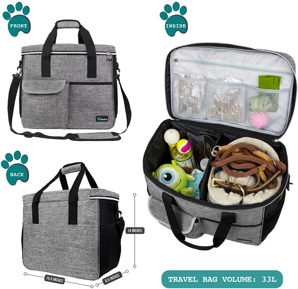 Dog Travel Bag Organizer, Pet Travel Kit with 2 Food Containers & 2 Collapsible Dog Bowls, Pet Supplies Tote with Luggage Sleeve, Weekend Road Trip Camping Essentials, Gray, Large