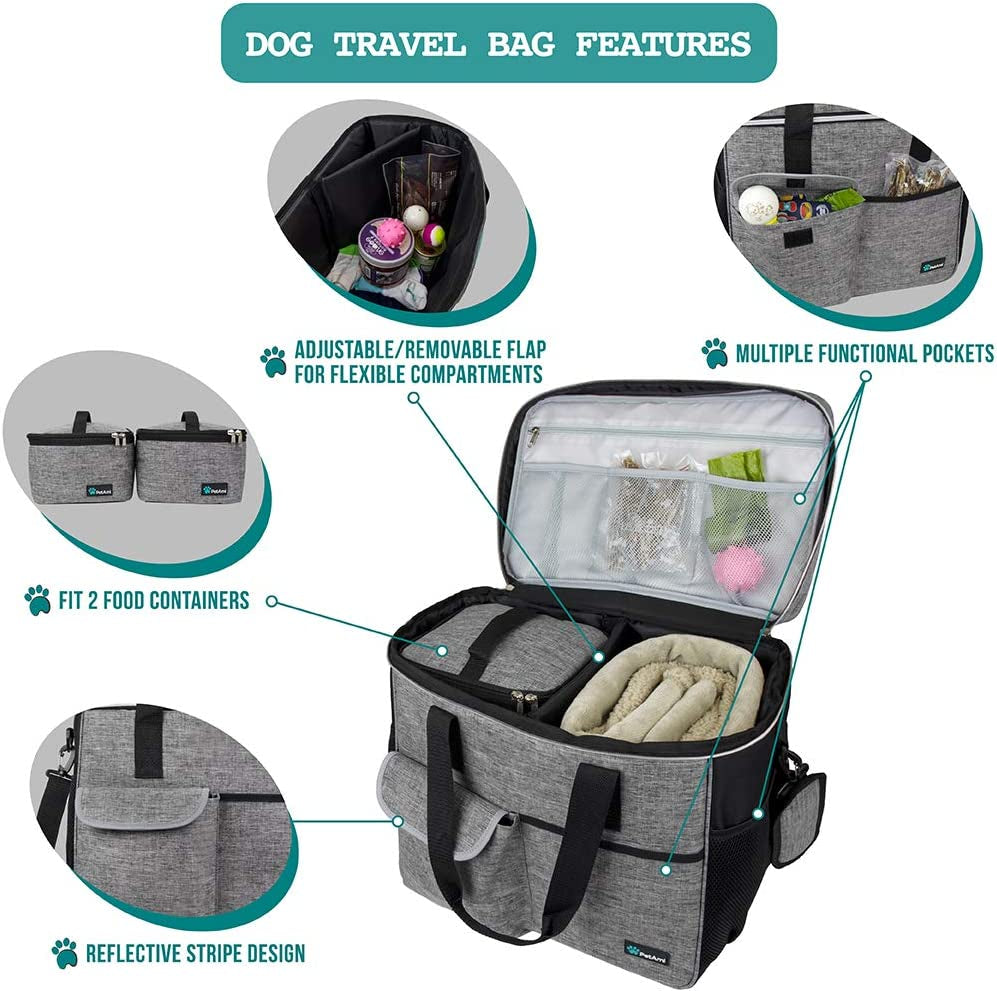 Dog Travel Bag Organizer, Pet Travel Kit with 2 Food Containers & 2 Collapsible Dog Bowls, Pet Supplies Tote with Luggage Sleeve, Weekend Road Trip Camping Essentials, Gray, Large