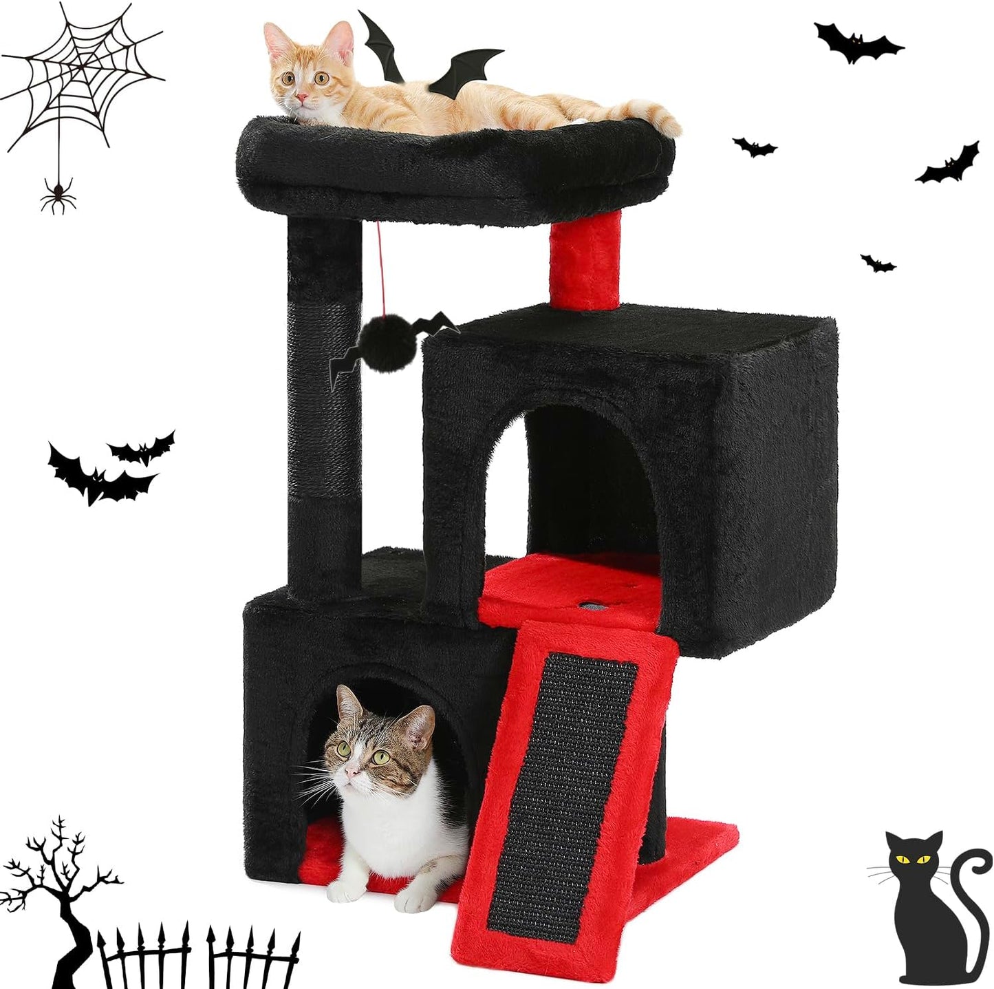 Cat Tree, 30 Inches Cat Tower with Dual Condos for Indoor Cats, Plush Cat House with Padded Perch, Scratching Ramp and Posts and Replaceable Balls-Gray