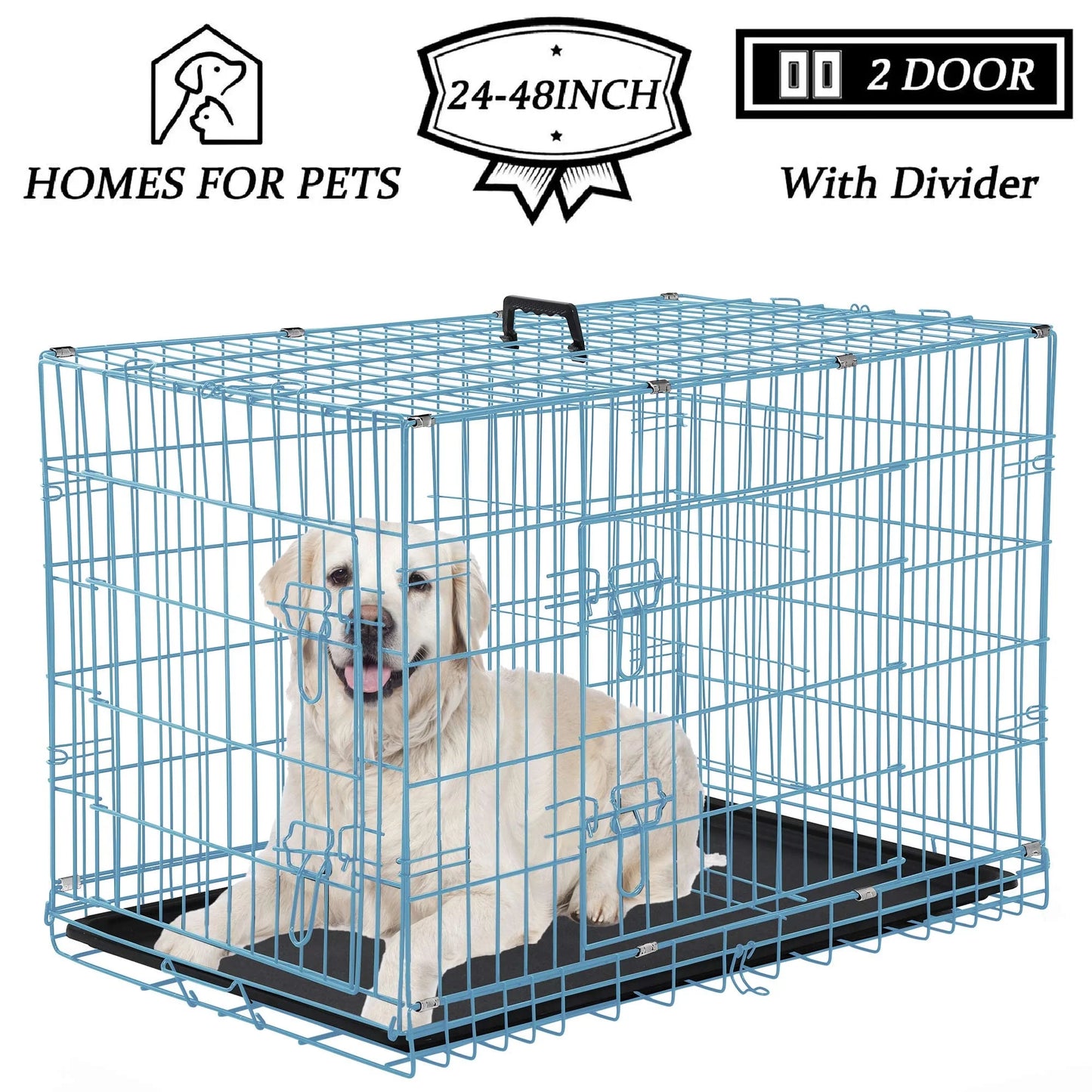 YRLLENSDAN 36 Inch Foldable Large Dog Crate for Large Dogs, Metal Wire Dog Cage with Plastic Tray and Handle Double-Door Outdoor Dog Crates and Kennels for Medium Dogs, Blue