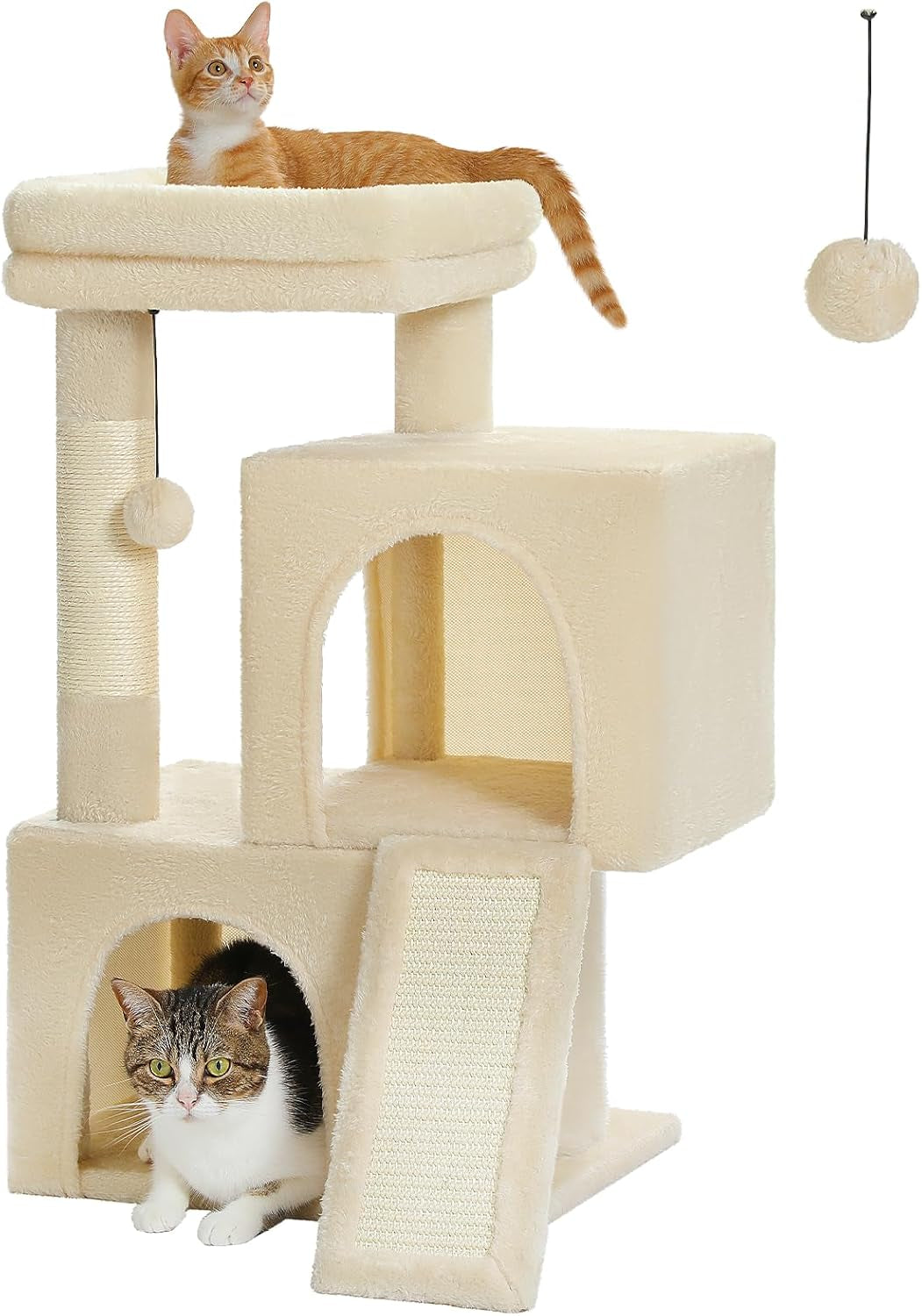 Cat Tree, 30 Inches Cat Tower with Dual Condos for Indoor Cats, Plush Cat House with Padded Perch, Scratching Ramp and Posts and Replaceable Balls-Gray