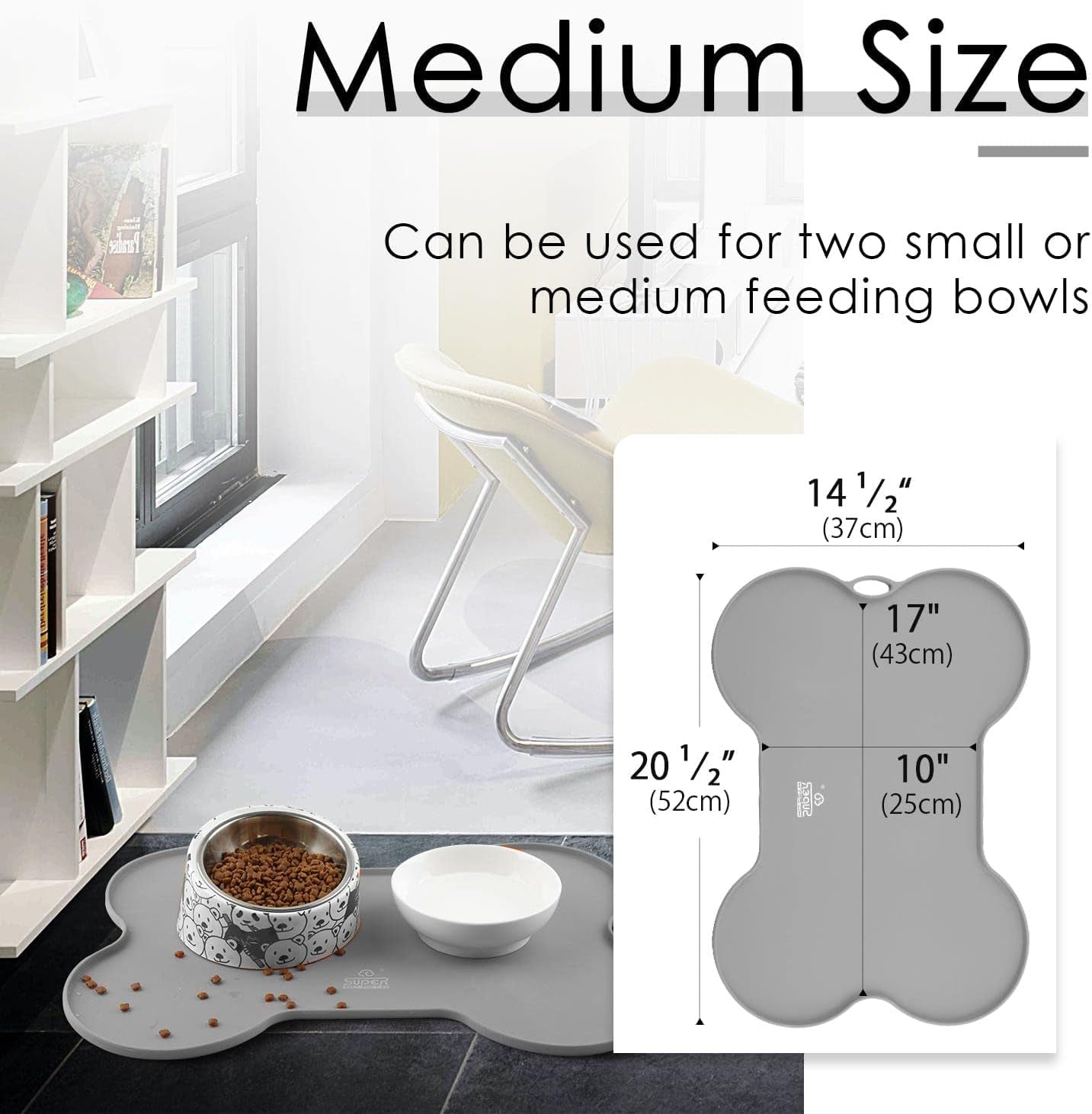 Dog Food Mat Dog Bowl Tray for Food and Water, Silicone Non-Spill Waterproof Pet Feeding Mat Puppy Placemat Easy-Clean, 20.5" X 14.5", Grey