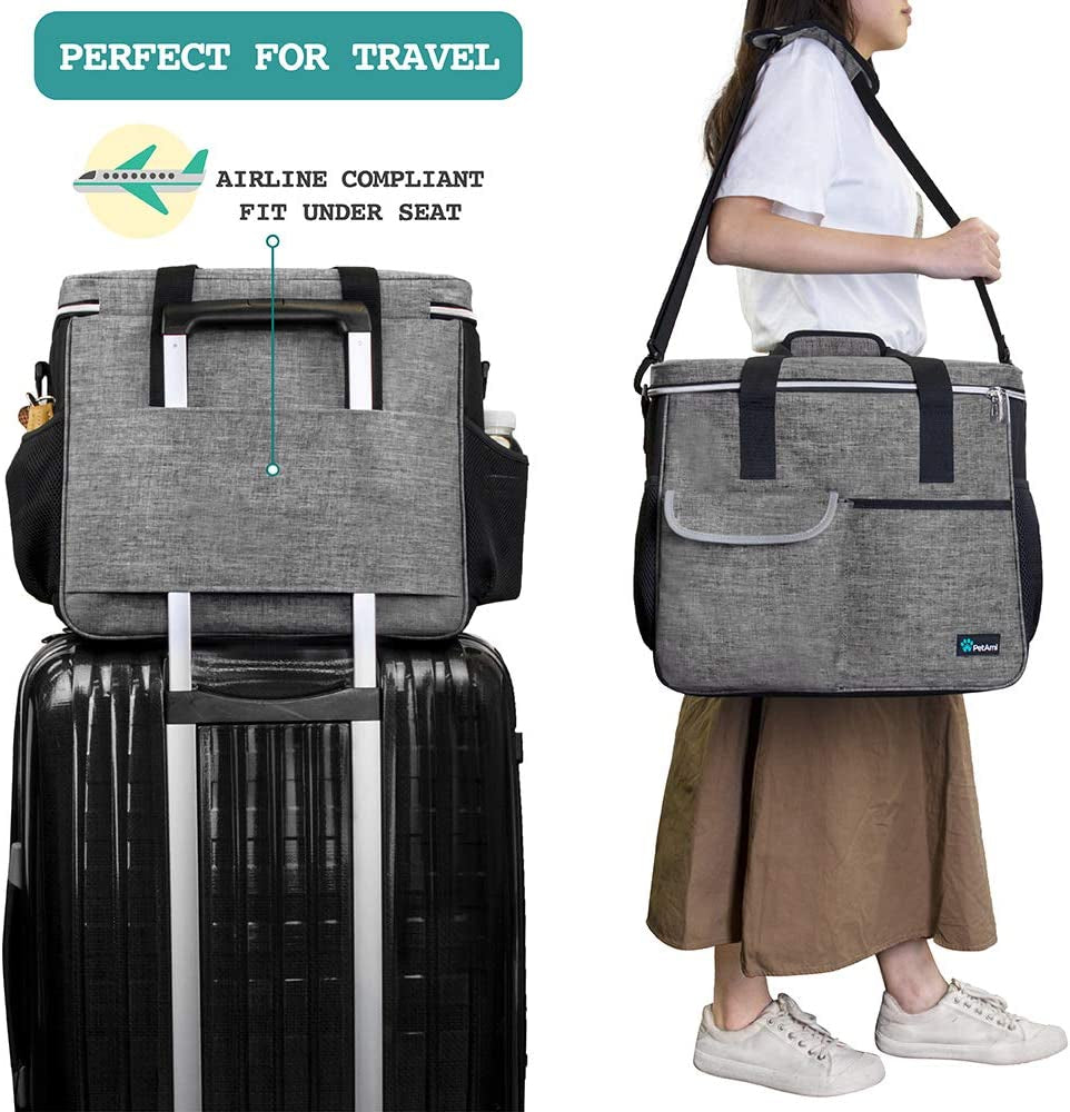 Dog Travel Bag Organizer, Pet Travel Kit with 2 Food Containers & 2 Collapsible Dog Bowls, Pet Supplies Tote with Luggage Sleeve, Weekend Road Trip Camping Essentials, Gray, Large