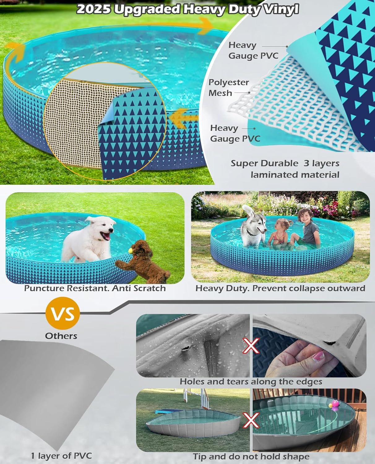 Foldable Dog Kiddie Pool - Hard Plastic Kids Paddling Pool Toddler Baby Swimming Pools for Backyard Collapsible Whelping Box Pet Doggie Cats Wading Pools Bathtub for Puppy Large Dogs 63In
